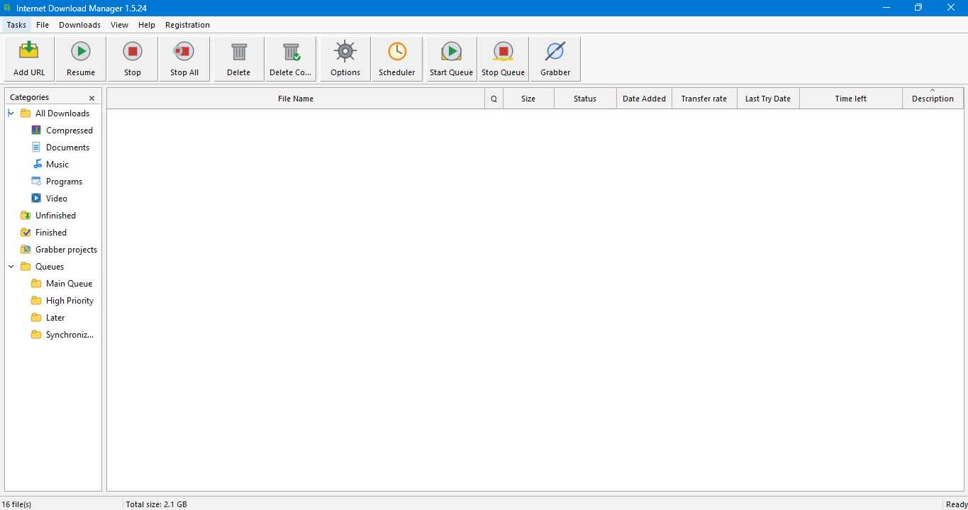 Internet Download Manager main window with example file downloads and statuses