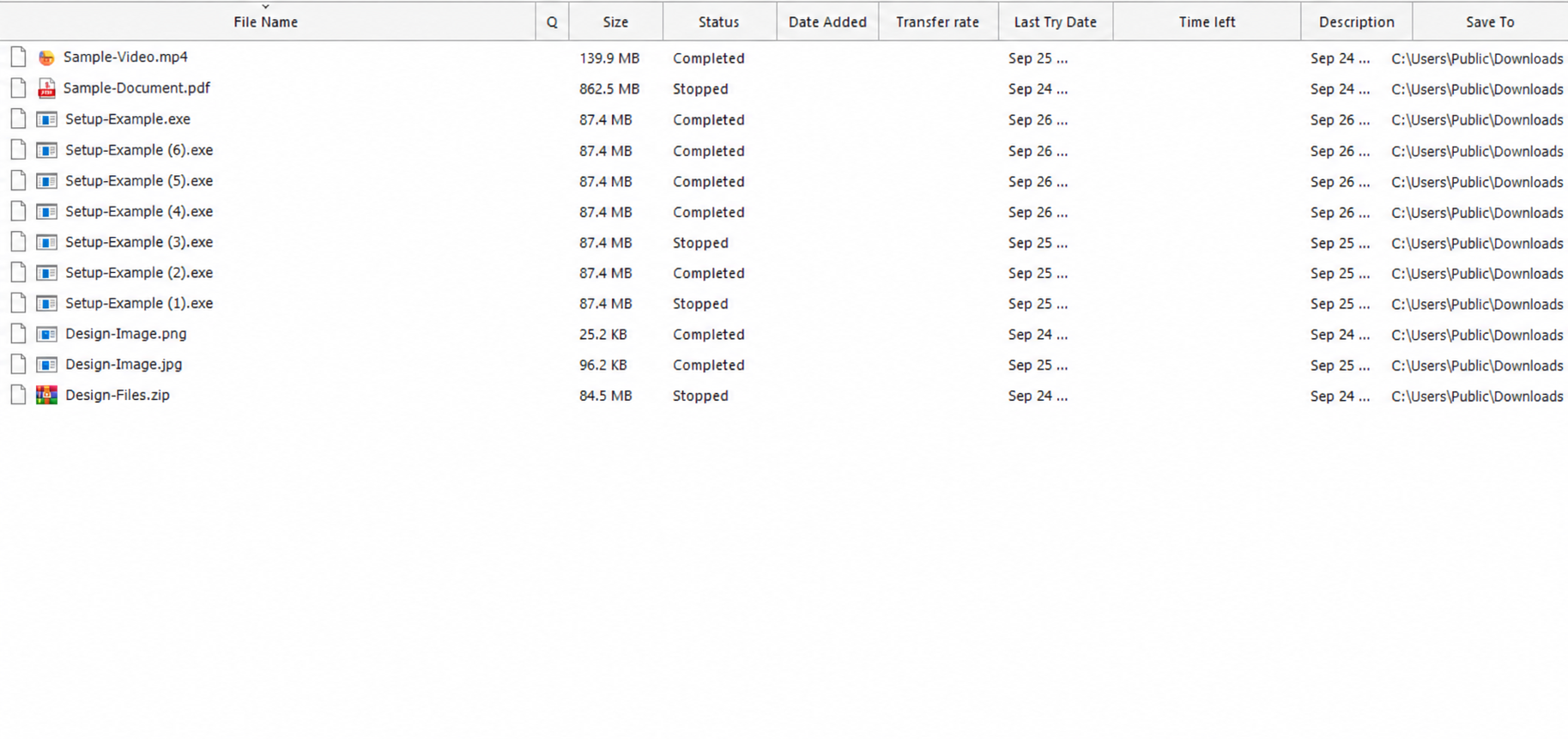 Internet Download Manager main window showing example download categories, entries, and statuses