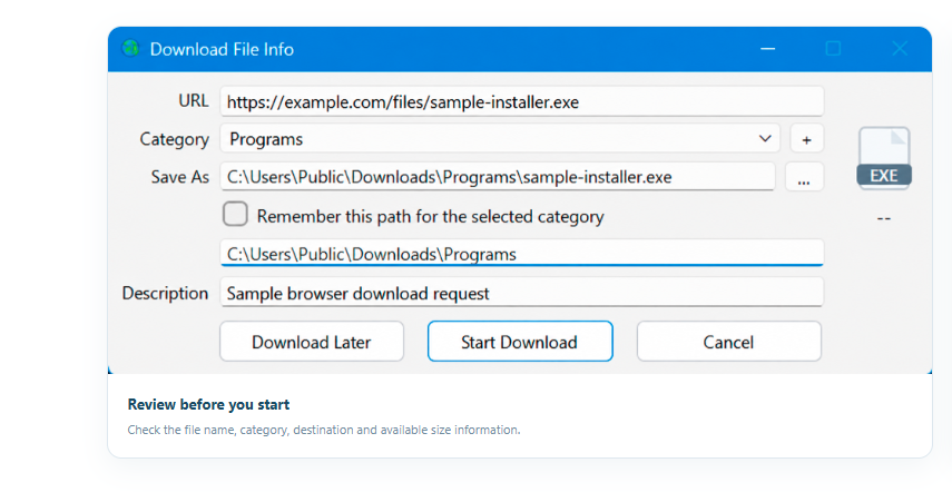 Internet Download Manager Download File Info dialog showing example file details and destination