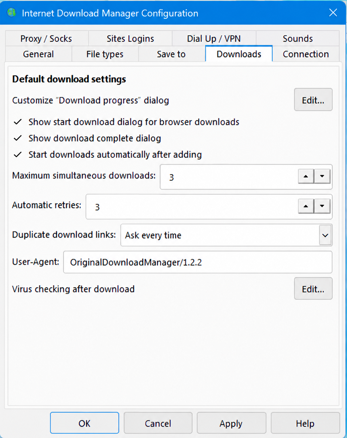 Internet Download Manager configuration dialog with Windows application settings