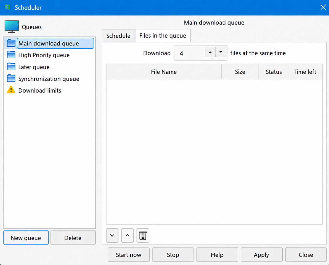 Internet Download Manager Scheduler showing queues and scheduled files